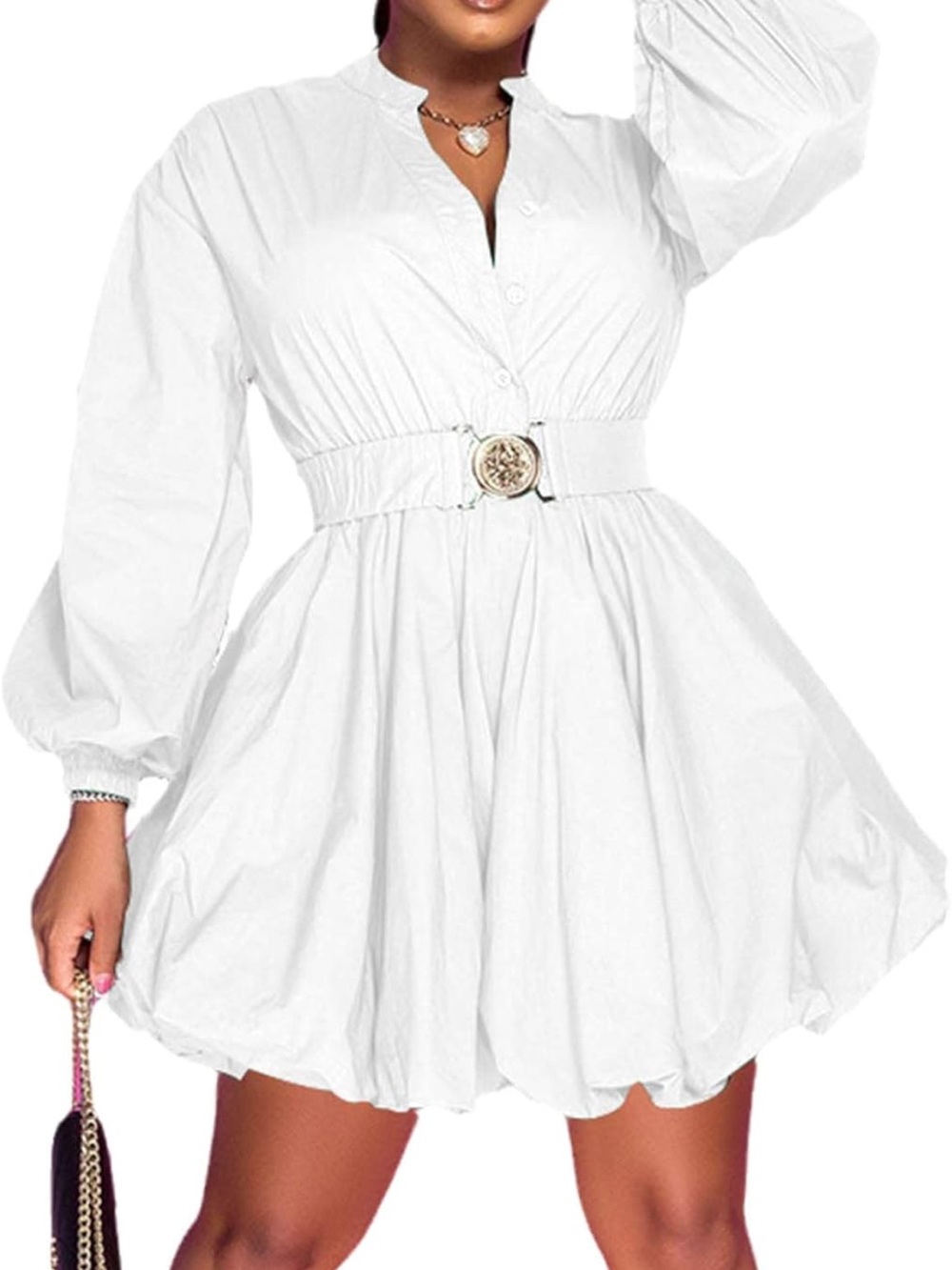 Classic White Puff-Sleeve Belted Mini Dress